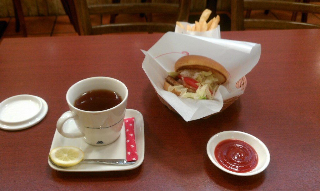 Burger, french fries, and tea from "Mos Burger" (a Japanese fast food place)